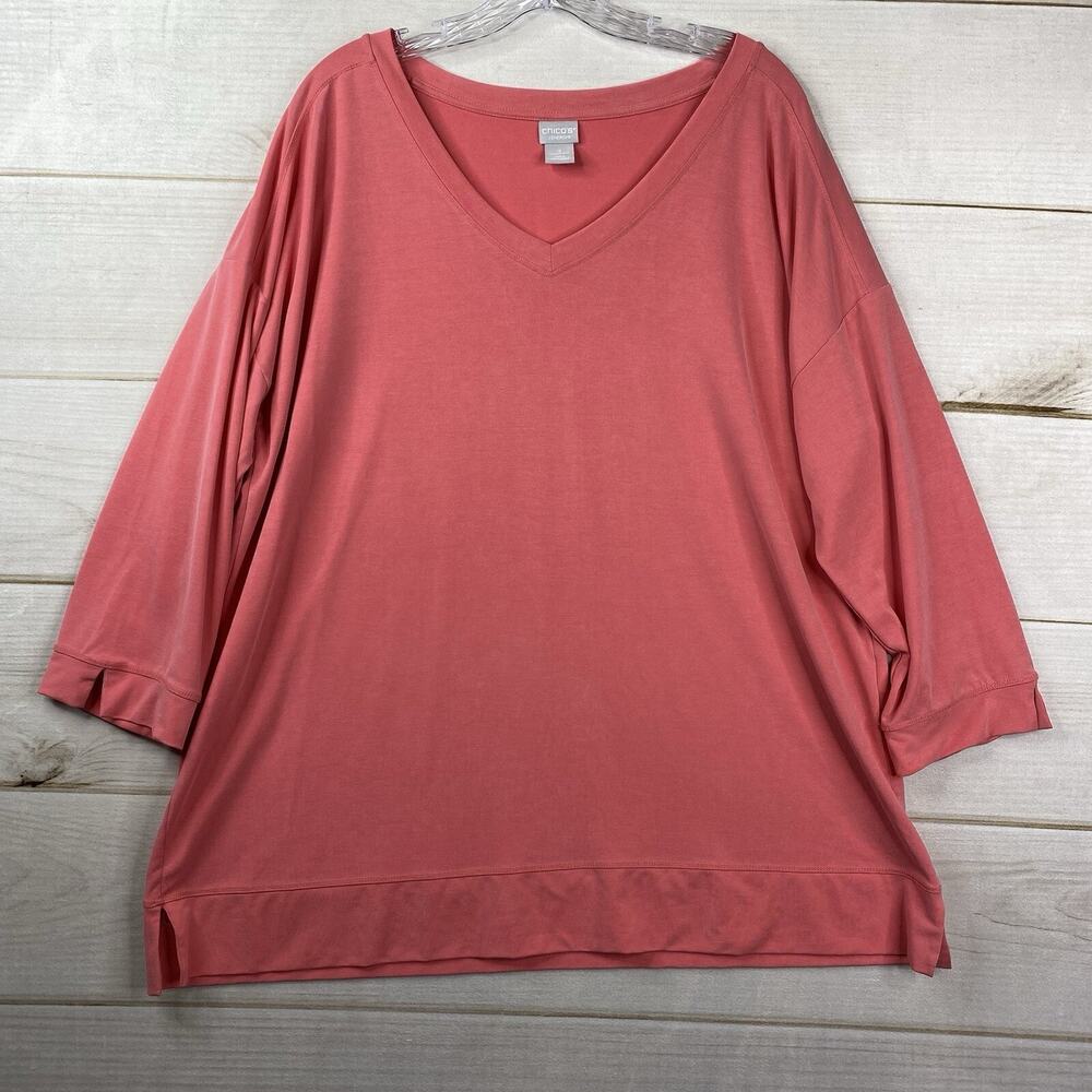 Zenergy Chico's Top Sz 3 Womens XL Coral 3/4 Sleeve Modal V Neck T Shirt Stretch